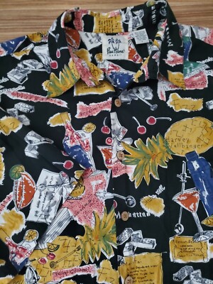 PAU HANA Hawaii B/F S/S Shirt Men's Black Hawaiian Drinks Beverages Large Y2K