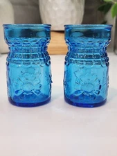 Set Of 2 Vintage Wheaton Blue Juice Glasses Sun Leaf Snowflake Sunflower