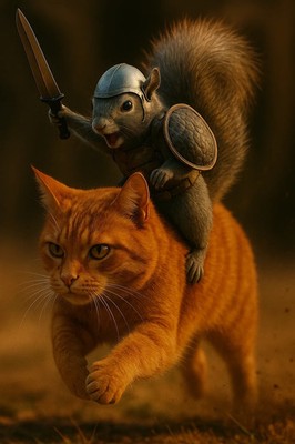 Epic Fantasy Eichhörnchen Krieger reitend Ingwer Katze Kunstdruck, skurrile Tierwerbung