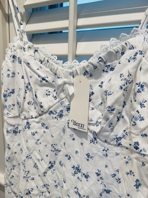 Trixxi Lace Trim Ditsy Floral Midi M Dress Linen Blend NWT White Blue | eBay