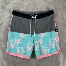 Hurley Phantom Board Shorts Mens 32 Gray Teal Pink Floral Swim Trunks Surf Beach