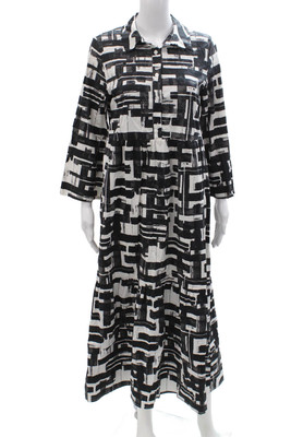 Rachel Zoe Women Maxi Shirt Dress Black Button Geometric Longsleeve Size S