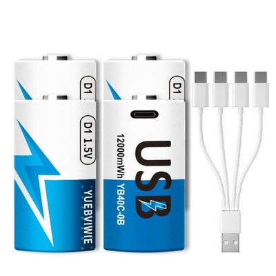 Rechargeable Lithium D Batteries with 4 in 1 USBC Charge Cable, 4 Pack D Cell