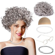 Granny Wig Old Lady Costume Set Elderly Woman Accessories Fun Wigs Light Gray