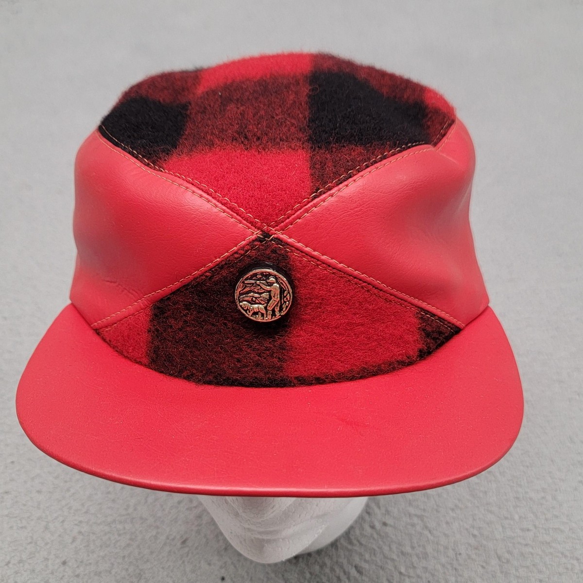 Vintage 50s Doe-Lon Hat Army Cap Mens 7 1/2 Red Buffalo Plaid