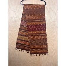 Ethnic Woven Boho Scarf Shawl Brown Geometric Fringe Tassels 60x14