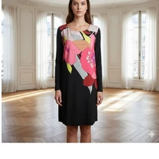 Trina Turk Black Pink Floral Long Sleeve NWT Shift Dress 12