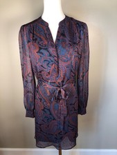 Molly Bracken Paisley-Print Sheer Long Sleeve Dress w/Tie Belt Blue & Brown Sz M