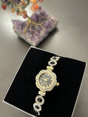 Damenuhr Schmuck Blumengehäuse Strass Roségold Schwarz - Neu  