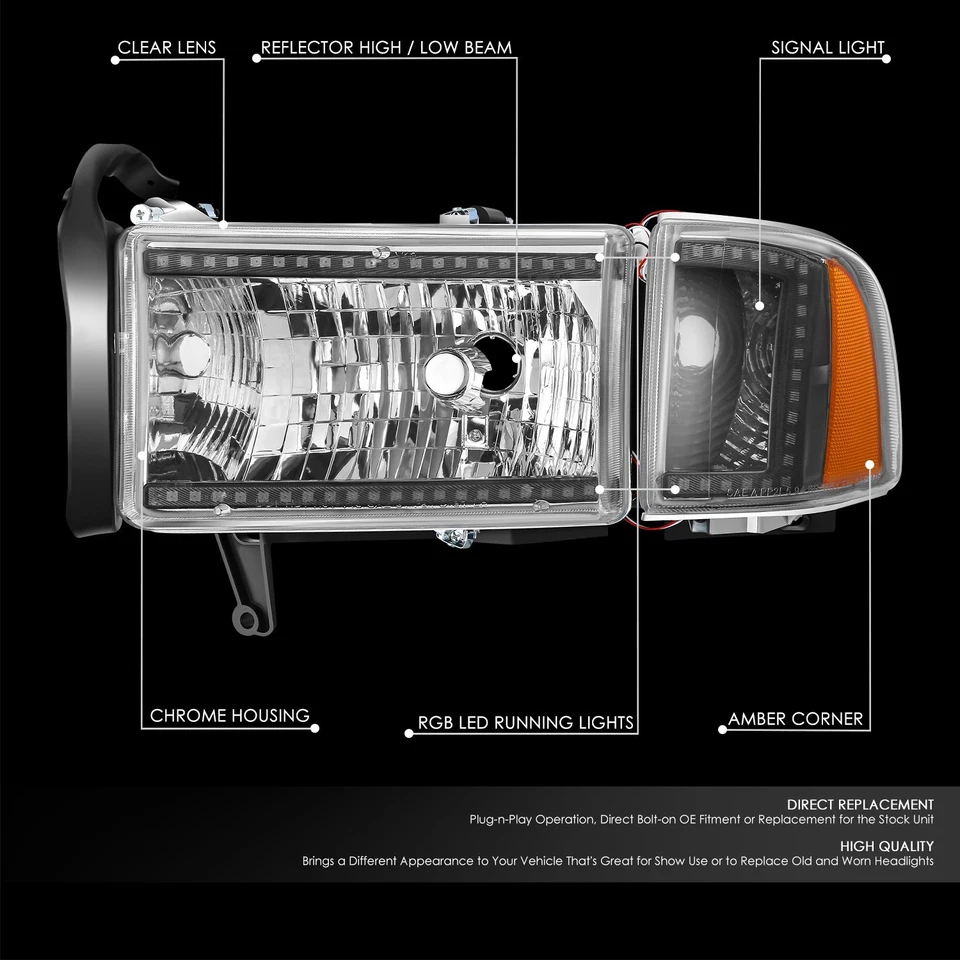 Ajuste 94-02 Dodge Ram 1500-3500 RGB Barra de Luz LED Cromo Ámbar Conjunto de Faros Foto 2 de 4