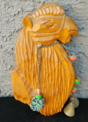 Wooden Camel Wall Art Vintage Hand Carved Folk Beads Desert Arabian Decor 10''
