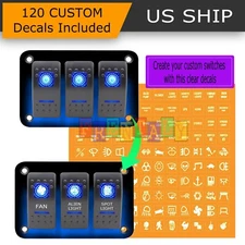 12V/20A 3-Gang 5PIN Laser Rocker Switch Panel Kit Car Truck Boat Blue Led Button