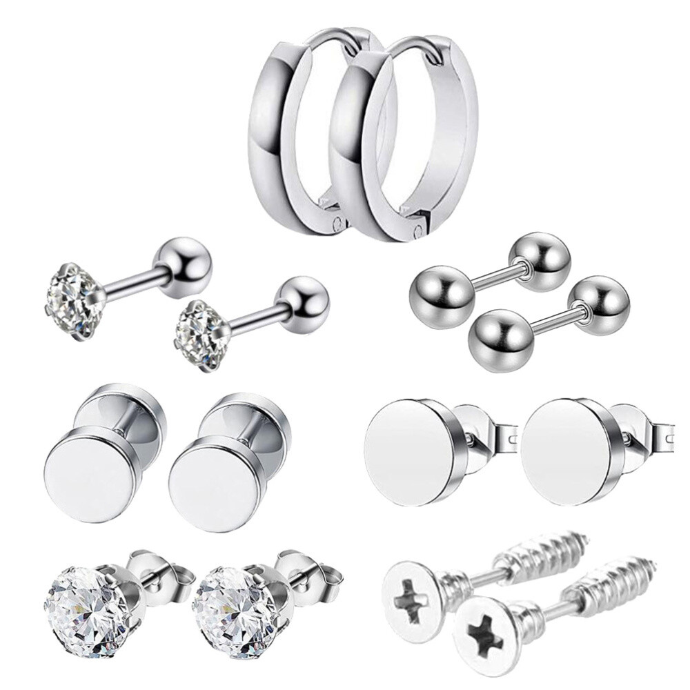 14 Pcs Men's Earrings Set Stainless Steel Man Party Studs Crystal