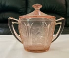 Vintage Cherry Blossom Pink Depression Glass Lidded Sugar Bowl