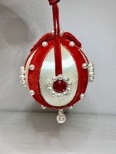 Vintage Handmade WHITE BEADED SATIN w/ RED VELVET Christmas Tree Ornament MCM