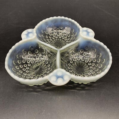 Vintage Opalescent Moonstone Hobnail Divided Three 3 Section Serving Dish