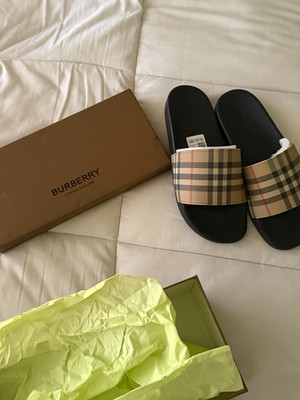Burberry Men's Check Slide Sandals Leather Black/Beige US 10 EU 43