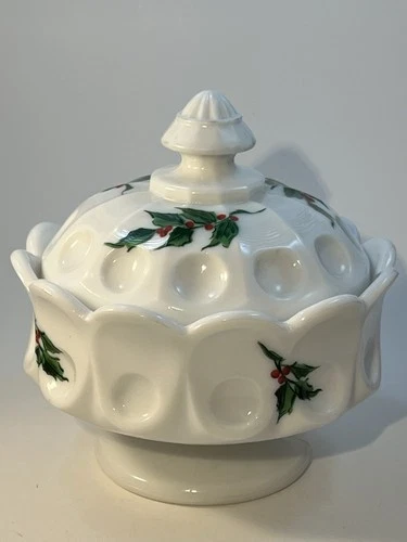 Vintage Westmoreland milk glass With Holly 5.5 Inch Candy Dish