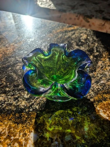 Vintage MCM 1950s 1960s Green & Blue Murano Art Glass Bowl Flower Wavy Scalloped