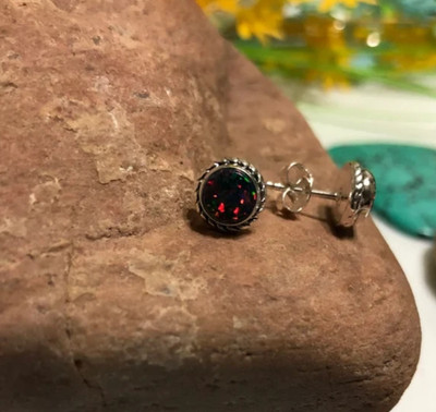 Natürlicher Schwarz Feueropal Edelstein 925 Sterling Silber Damen Ohrstecker