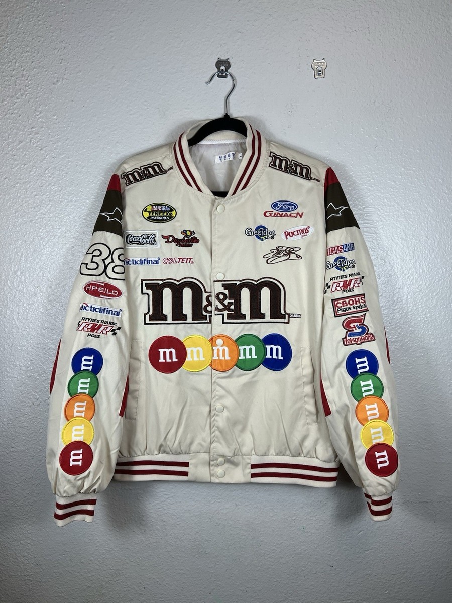 M&M Nascar Racing Jacket Mens Size L Beige Varsity Embroidered