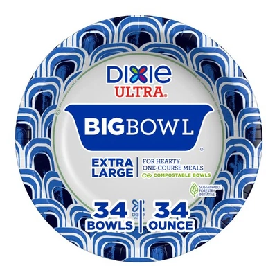 DIXIE ULTRA Extra Large Paper Bowls, 34 oz, 34 Count, Compostable, Microwave Safe, Dispos...