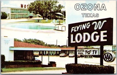 Vintage OZONA Texas Postcard ''FLYING W LODGE'' Highway 290 Roadside c1970s Unused