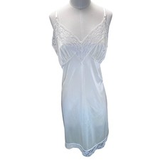 Vintage Women Slip Dress White Nylon Lace Trim Size 38 Retro Lingerie Nightgown