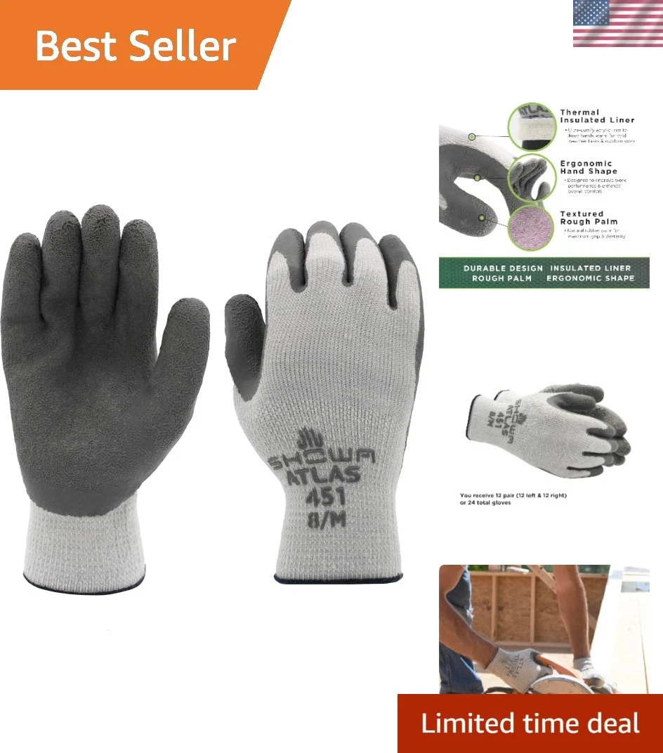 Atlas 451 Large Gray Natural Rubber Latex Palm Coated Insulated Work Gloves, ...