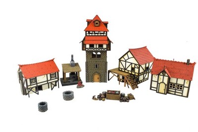 Mittelalterliche Stadt (bemalt/unbemalt) Marktplatz Set - 28mm Wargame Gelände