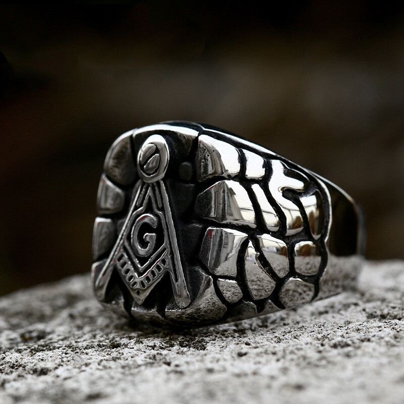 Masonic Biker Signet Ring - Stainless Steel Freemason Symbol Ring, Sizes 7-14, Hypoallergenic