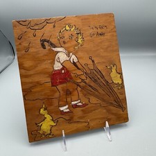 Vtg Pyrography Wood Art Painting Rain Rain Go Away Nursery Rhyme Wall Decor