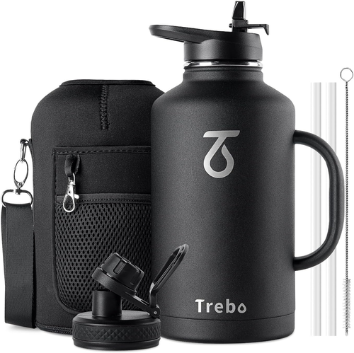 64Oz Water Bottle Insulated with Straw & 2 Lids,Half Gallon Double Wall ...
