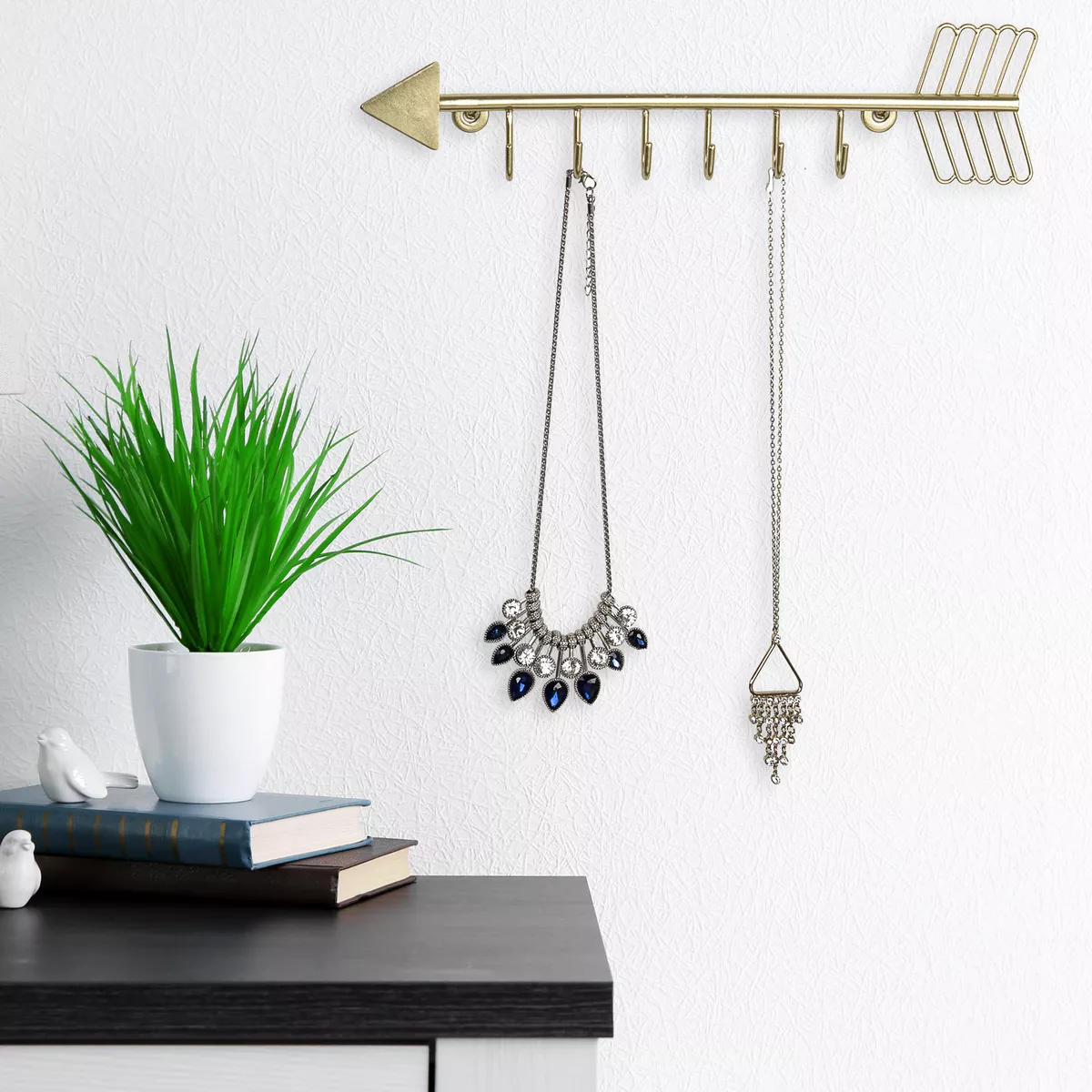 MyGift Arrow Design Wall Mounted Brass-tone Metal 6 Hook Necklace Organizer Hanging Rack, Size: Large, Gold