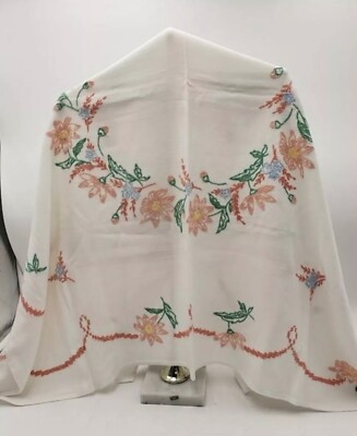 Coastal Granny Tablecloth Artisan Crafted Embroidered Floral Stitched 34 X 38 in