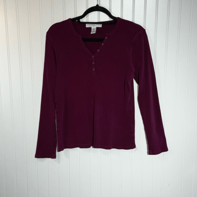 Josephine Chaus Sport  V-Neck Top Womens Large Wine Long Sleeve Pull Over Ribbed