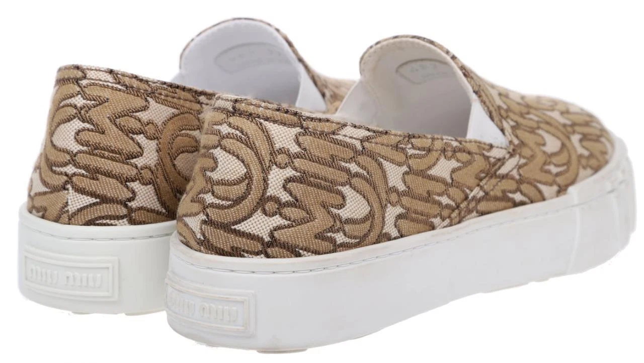 MIU MIU NUOVE SCARPE SNEAKER SLIP ON MIU BEIGE MARRONE JACQUARD CON LOGO PLATEAU 37 US 7