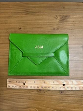Green Leather Pochette Clutch Envelope Bag Initials “JSM” NWOT