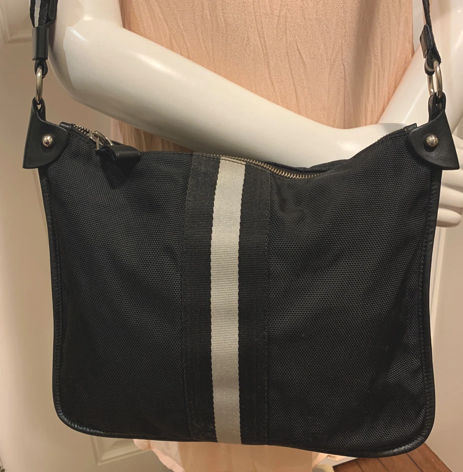 Auth. BALLY Comollia Gray Stripe Canvas/Leather Trim Flat Crossbody Bag - Image 4 of 4