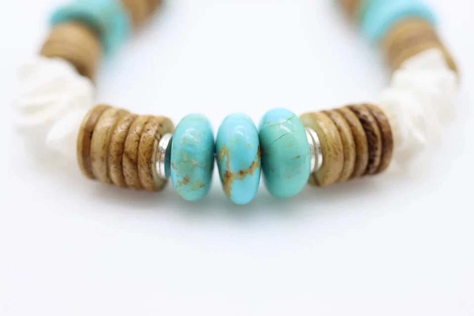 Blue Turquoise Brown Coconut White Seashell 10mm Wavy Disk Chip Beaded Bracelet - Image 4 of 4