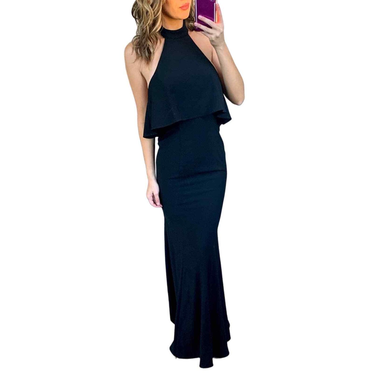 XSCAPE Crepe Popover Halter Gown Black 0
