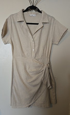 MNG Women's Size 6 Beige Cotton-Linen Blend Short Sleeve Shirt Dress Mini Mango