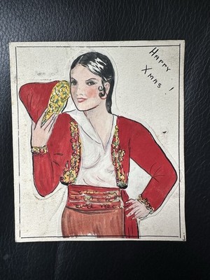 Original Art Deco Mode Illustration Aquarell um 1920 ''Happy Xmas''