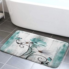 Rustic Farmhouse Bath Mat, Farm Teal Daisy Floral Flowers Butterfly Country W...