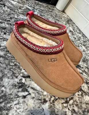 UGG Tazz Women's Brown Red Slip-On Platform Suede Wool-Lined Slippers