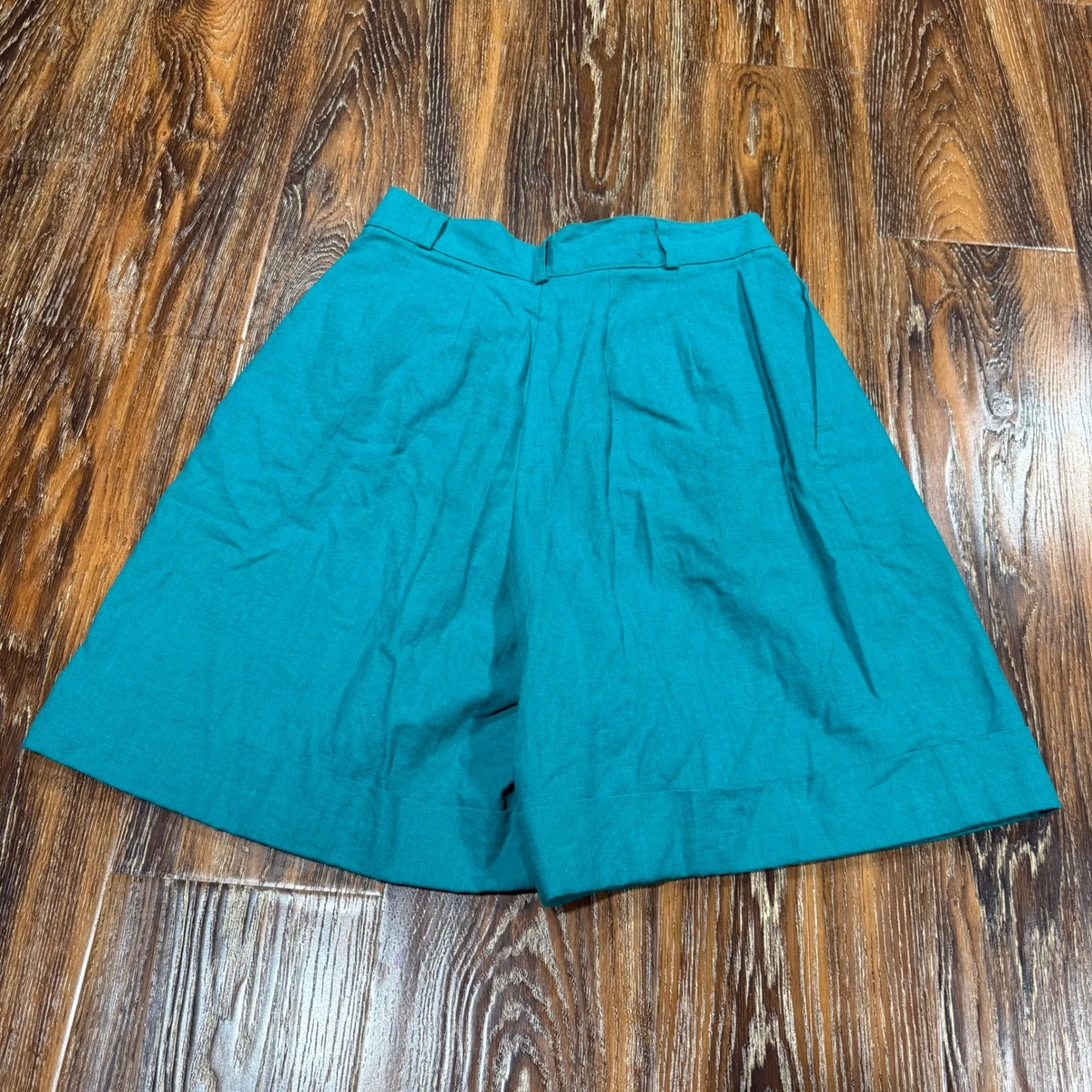 Vintage Tribal Teal Green Linen Cotton Pleated High Rise Shorts Womens Size 10
