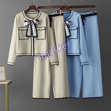 Autumn Women Sweater 2Piece Set Bowknot Cardigan Top Pants Suits Outfit