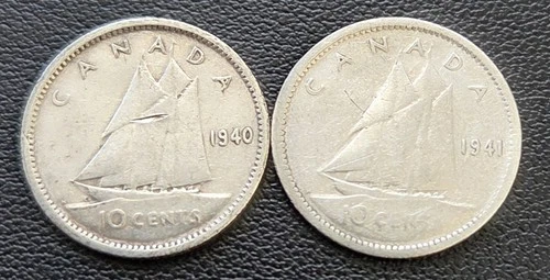 1940 & 1941 Canada Silver 10-Cent Dimes - 80% Silver Coins