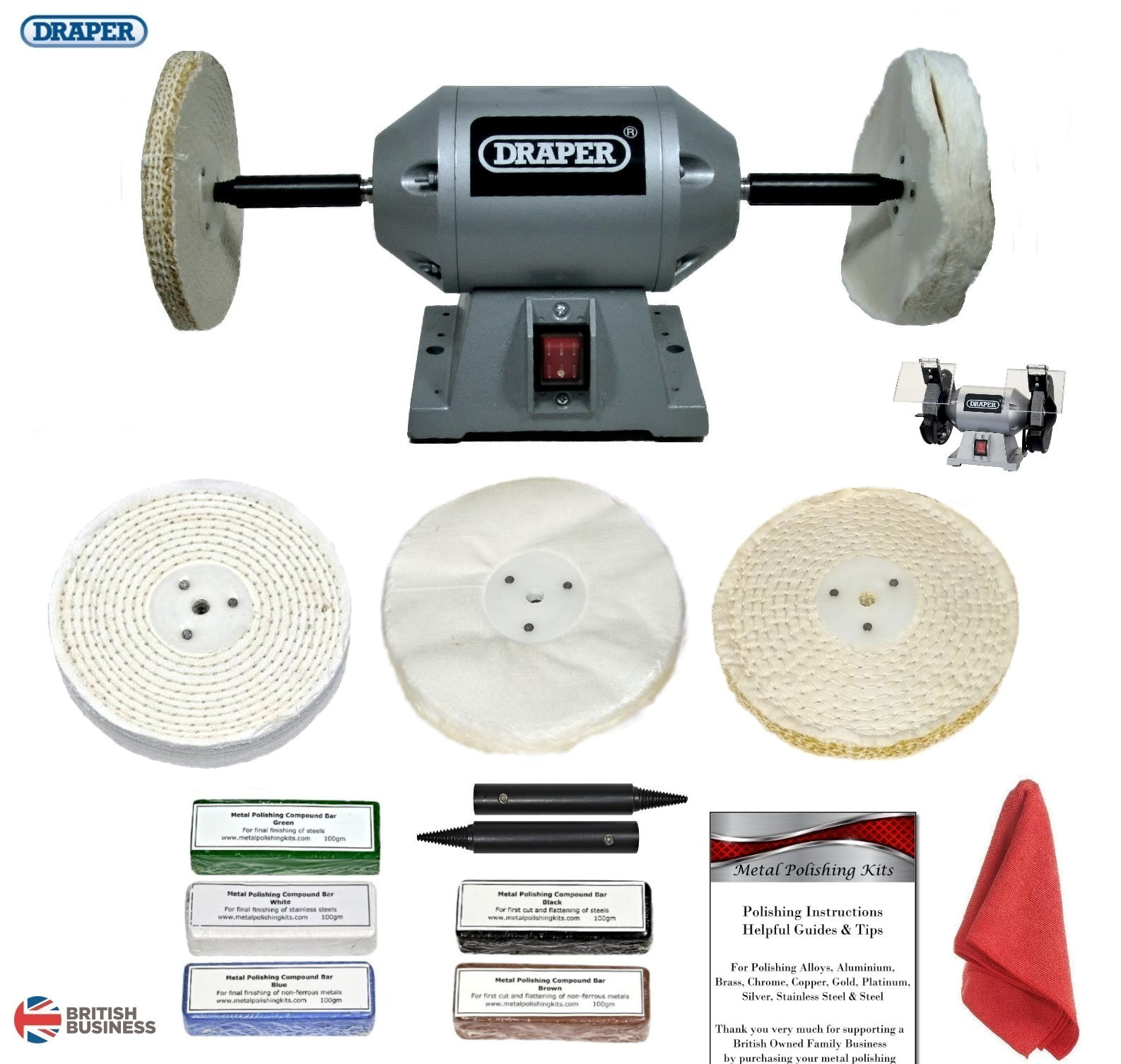 Draper 6"" 250W Bench Grinder Metal Polishing Machine With 6"" Metal Polishing Kit