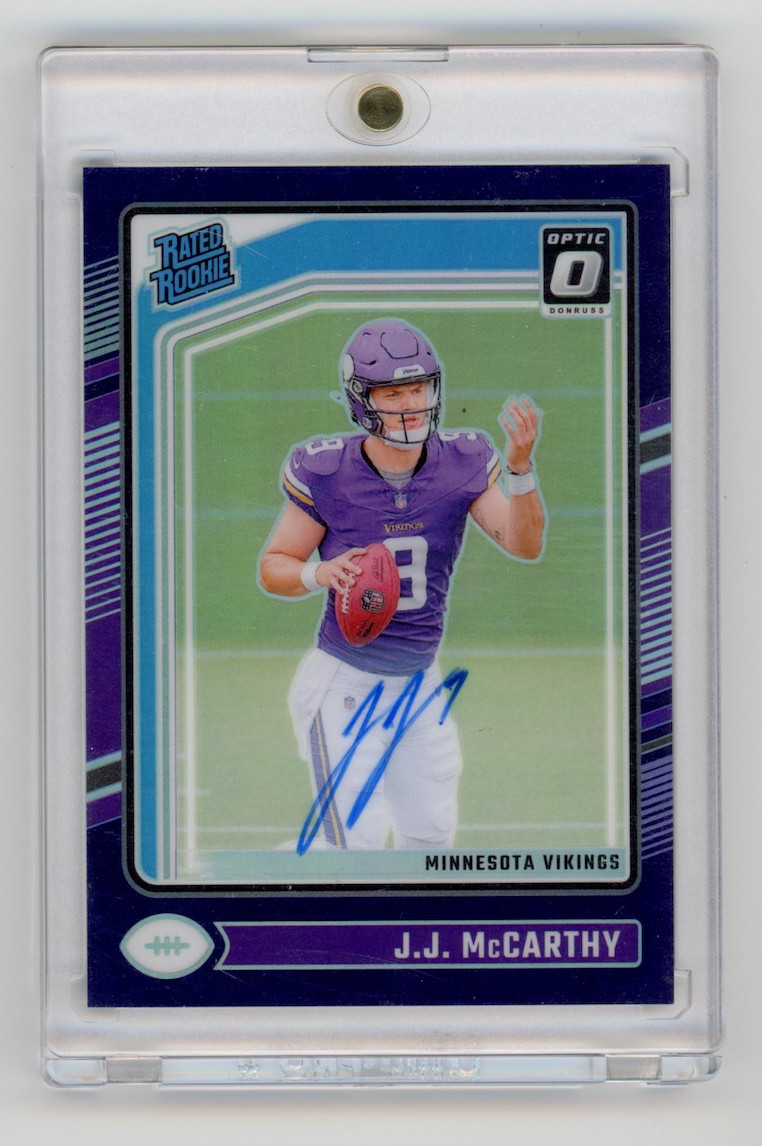 JJ McCarthy 2024 Donruss Optic Rated Rookie Purple Auto /35 RC Vikings